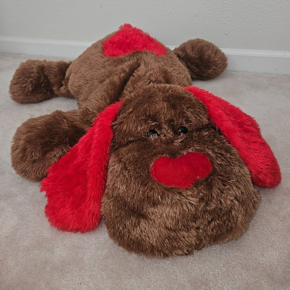 BIG Brown Floppy Puppy Dog Plush 28" Long Soft Stuffed Toy Red Heart Nose Back